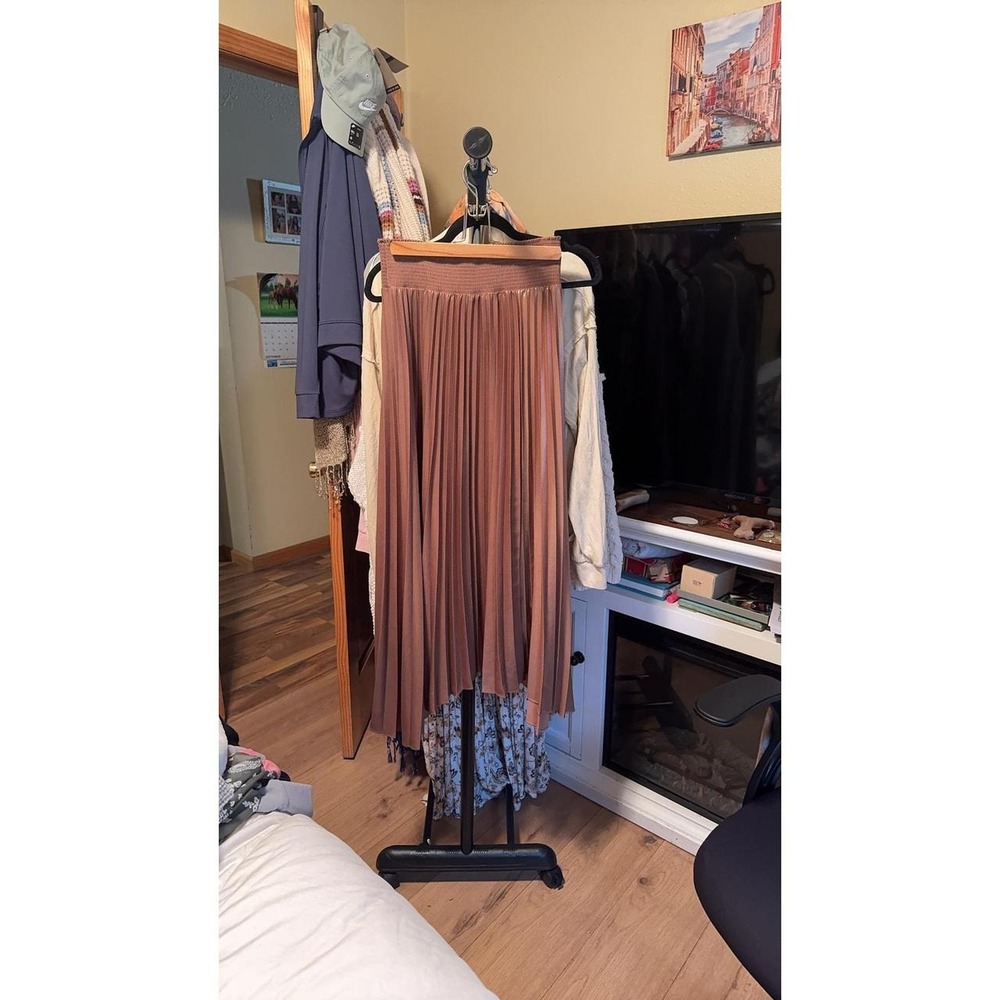 A.L.C. Silky Brown Metallic Pleated Skirt 10